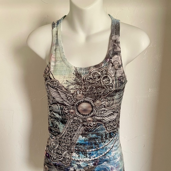 VINTAGE Y2K Sublimation PEARLS and RHINESTONES Tank TOP S/M - Picture 3 of 11